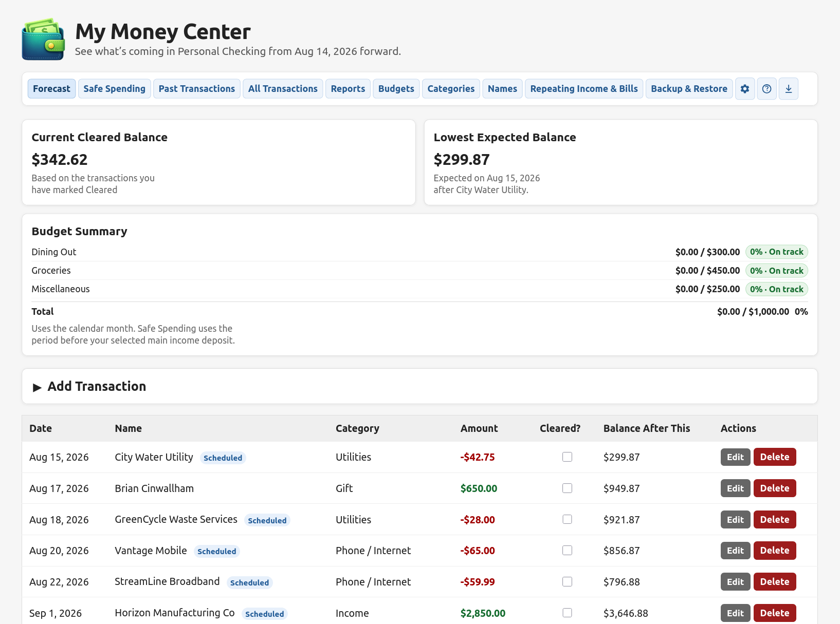 My Money Center Forecast showing current balance, lowest expected balance, budgets, and upcoming transactions
