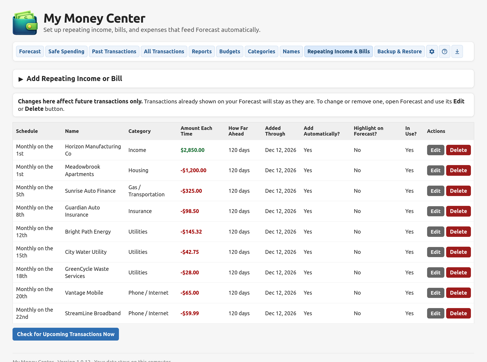 Repeating Income and Bills page showing payroll and recurring household bills