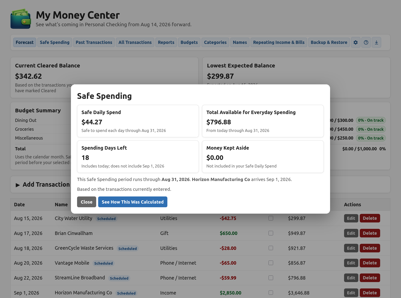 Safe Spending popup showing Safe Daily Spend, total available, spending days left, and money kept aside