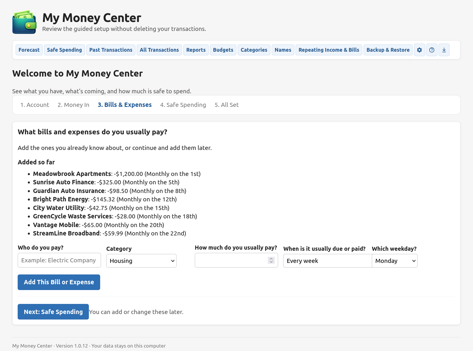 Welcome wizard bills and expenses step
